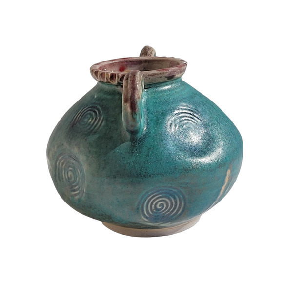 Fairycore Exterior Red Shiny Interior Swirl Motif Two Handle Pottery Jug Planter - Picture 7 of 16